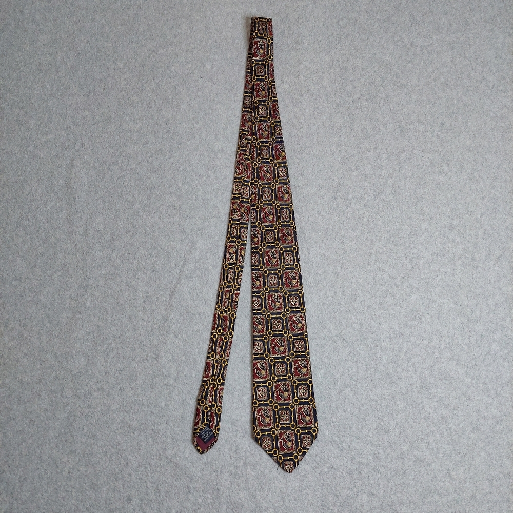 Lands End geometric silk tie with peacock figures/gold chain details Made USA